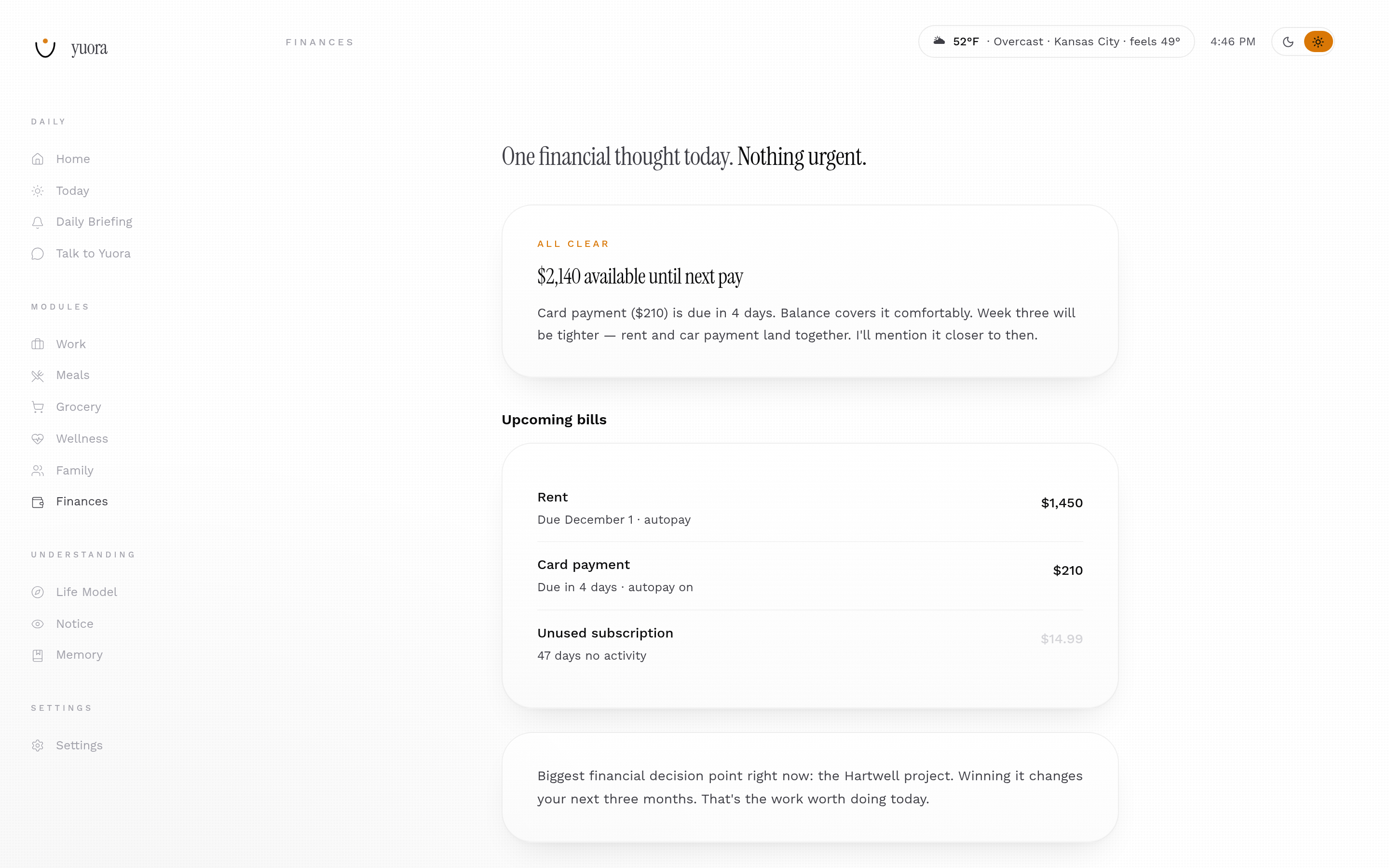 Finances reduces accounts to the number people actually ask about: what's available until the next pay.